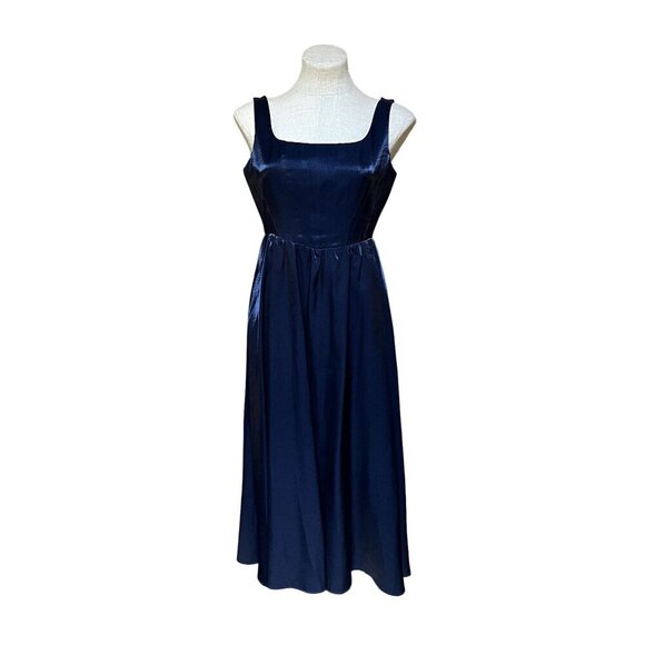 WAYF Corset Midi Dress Fit + Flare Midnight Blue Satin Retro 80s Prom Style Glam - Picture 2 of 12